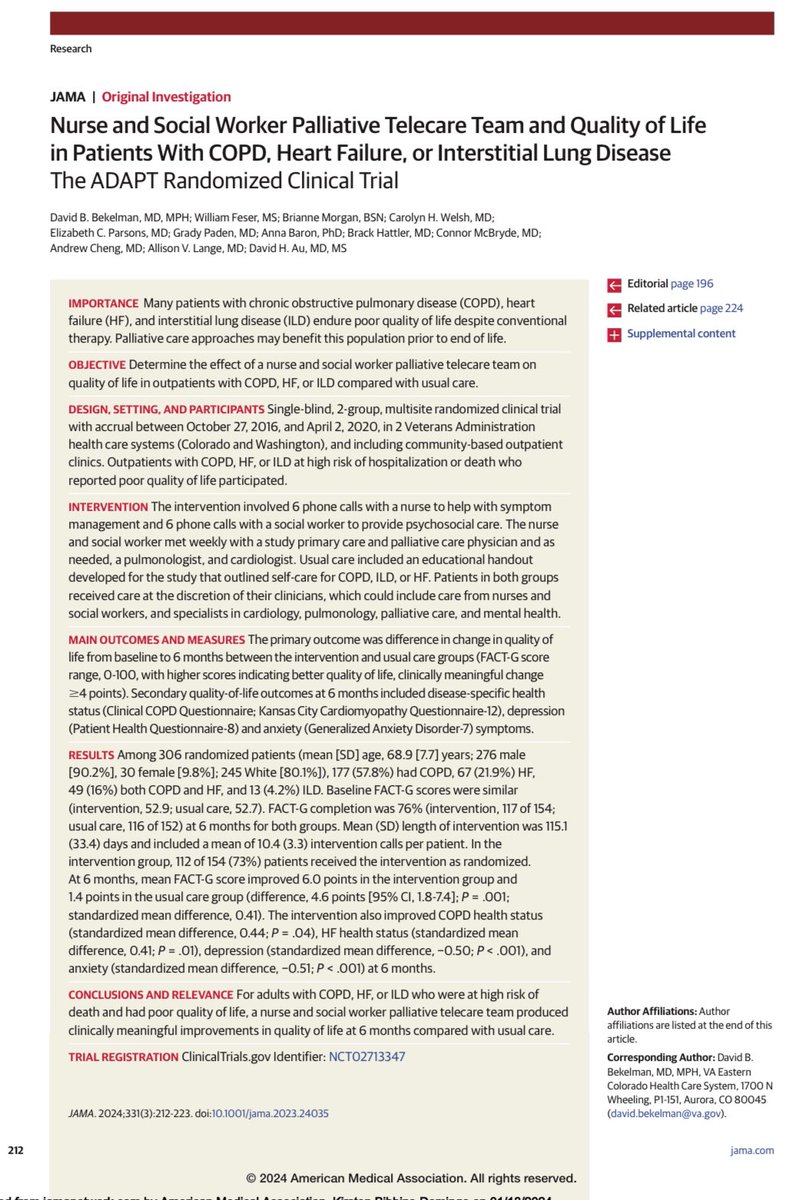 📢 2 new palliative care RCTs w editorial Default Palliative Care Consultation for Seriously Ill Hospitalized Patients jamanetwork.com/journals/jama/… Nurse & Social Worker Palliative Telecare Team & Quality of Life in Patients With COPD, Heart Failure, or Interstitial Lung Disease…