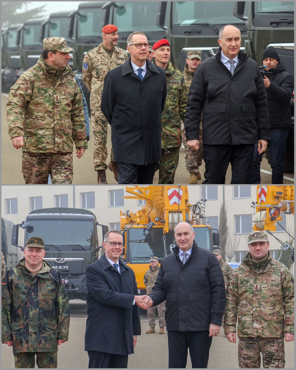 Today Minister Burchuladze @ModGovGe & I inspected next batch of military pioneer kit donated by 🇩🇪 to 🇬🇪 as part of our ever deepening partnership. 25 @MANtruckandbus and 2 @Liebherr mobile cranes. More best 🇩🇪 gear & training on the way. @BMVg_Bundeswehr @bundeswehrInfo