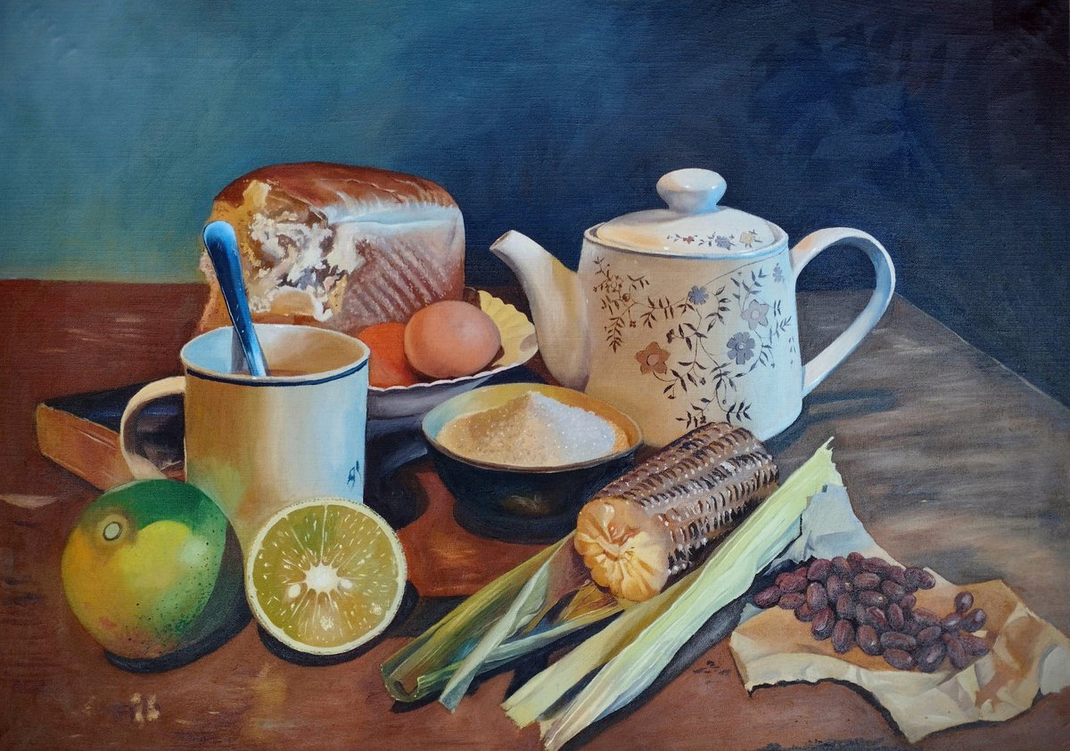 _artist_ocholla's tweet photo. This painting captures the contemplative moments at dawn, getting nourishments to a promising good day. It evokes the feeling of renewal.

Title: Dawn's favour
Size: 60cm by 45cm
Medium: Oil on canvas
#painting #oilpainting #stilllife #stilllifecomposition #stilllifrpainting https://t.co/4noa8h9tbY