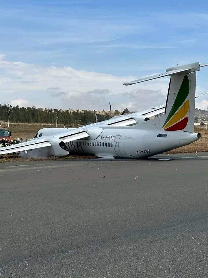 At around 2 PM today, a passenger plane of  Ethiopian Airlines <a href="/flyethiopian/">Ethiopian Airlines</a> skidded out of the runway due to flat tire at Alula Abanega International Airport #Mekelle. All passengers are safe!