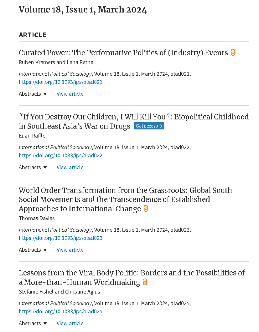 INTPOLITSOCIO's tweet photo. 🔥We are rolling! 
Recently, four articles have been published @INTPOLITSOCIO

💰Power practices at the industry events
🧒Representation of the children in war on drugs
🌐Grassroots movements &amp; change
😷Viral body politics &amp; bordering during the pandemic
https://t.co/r9DJsDgucy🧵 https://t.co/n0LUq1mTQu