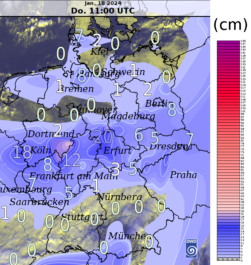 DWD_presse's tweet photo. Schneehöhen heute (18.01.2024) 12 Uhr. Über der Mitte liegt eine geschlossene Schneedecke. Nach Norden hin reicht es regional für ein paar wenige Zentimeter. Im Süden hat die milde Luft fast alles weggetaut (außer natürlich im höheren Bergland, hier nicht dargestellt). /V https://t.co/nYqd0IruhD