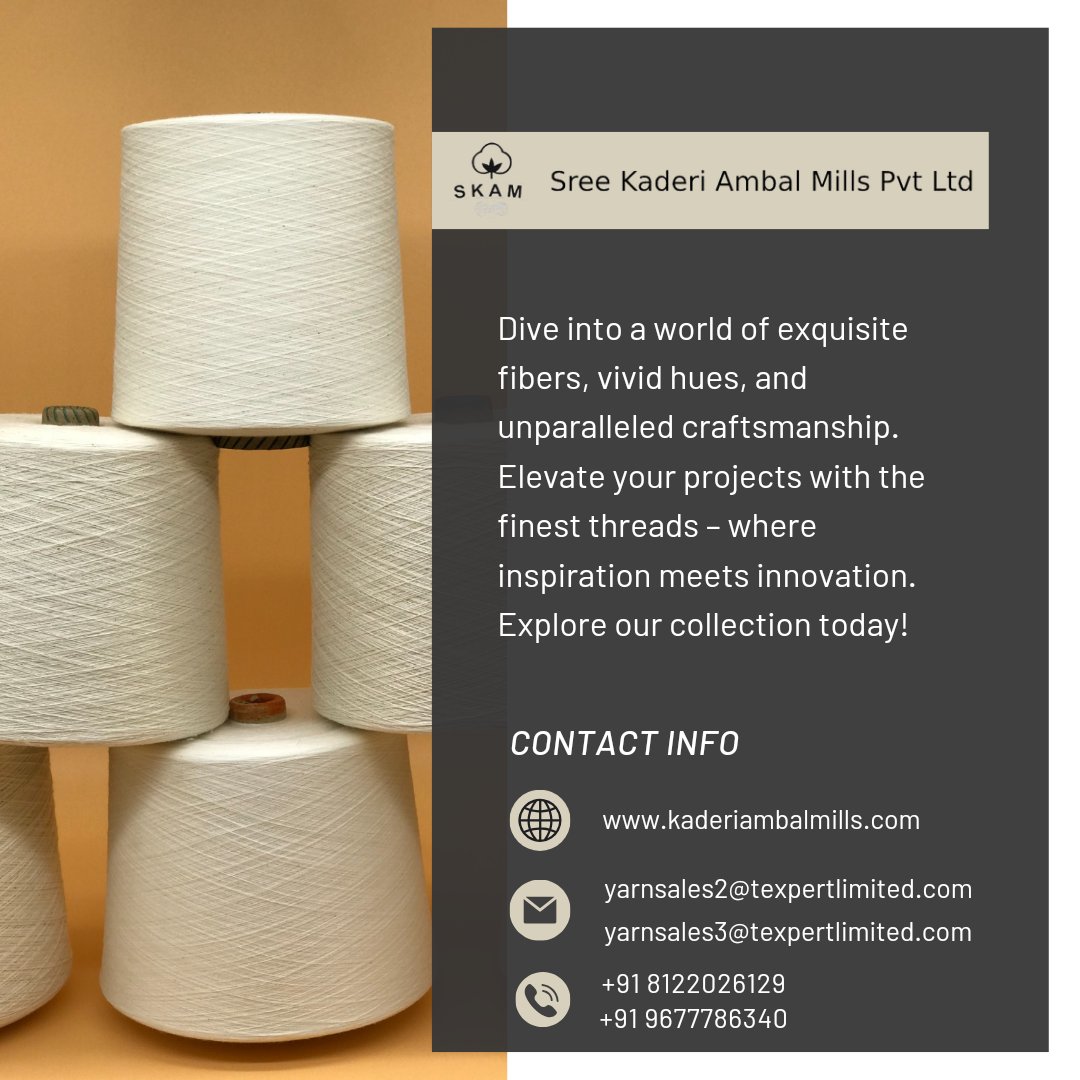 Dive into a world of exquisite fibers, vivid hues, and unparalleled craftsmanship. Elevate your projects with the finest threads – where inspiration meets innovation. Explore our collection today!
Visit us: kaderiambalmills.com

#skam #kaderiambalmills #polyesteryarn #yarns