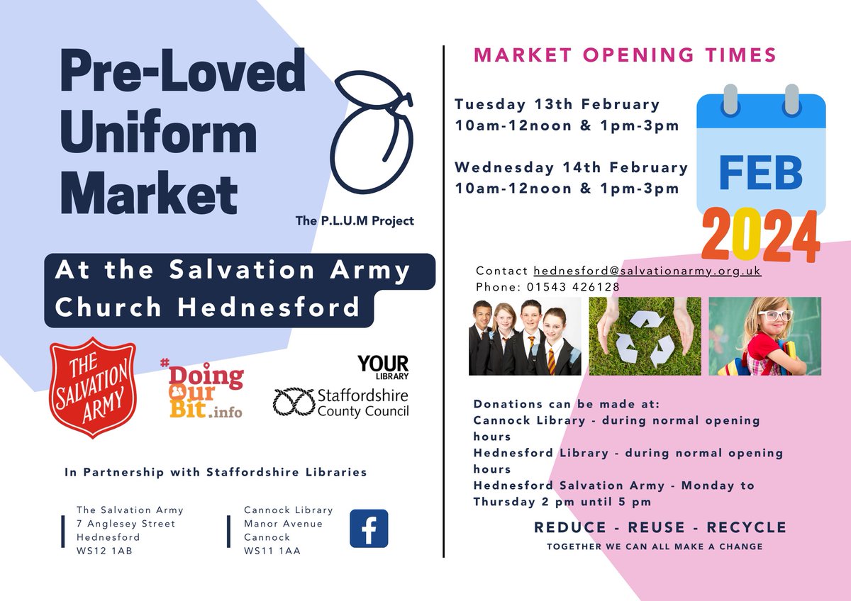 Pre-Loved Uniform Market TODAY & TOMORROW ONLY!
@salvationarmyuk Church, Hednesford 13 & 14 Feb Call 01543 426128 for information. #HereToHelp @StaffordshireCC @CannockChaseDC @CityRugeley @CannockChaseTTC @CannockChamber @VillageHeds @SupportStaffs @HednesfordLib