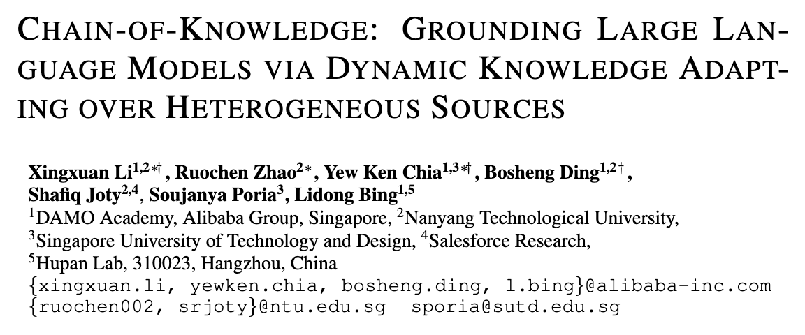 XingxuanLi's tweet photo. Chain-of-Knowledge📚 is accepted to #ICLR2024!

We present chain-of-knowledge (CoK), a novel framework that augments LLMs by dynamically incorporating grounding information from heterogeneous sources.

Paper link🔗: https://t.co/GMPT4Wgnr7
🧵(1/9) https://t.co/rZitgyQf6w