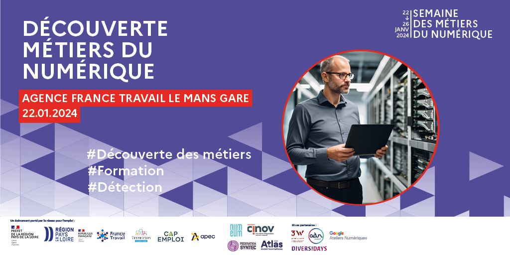 FTravail_PDL's tweet photo. #SemaineNumérique | 📅 Du 22 au 23 janvier : découverte des métiers et des formations au programme à l’agence @FranceTravail Le Mans Gare, avec possibilité de tester son potentiel à exercer le métier de #codeur ❕
Plus infos👉 https://t.co/vgVmbOFuAZ
#AvecFranceTravail https://t.co/dSnbASwVk9