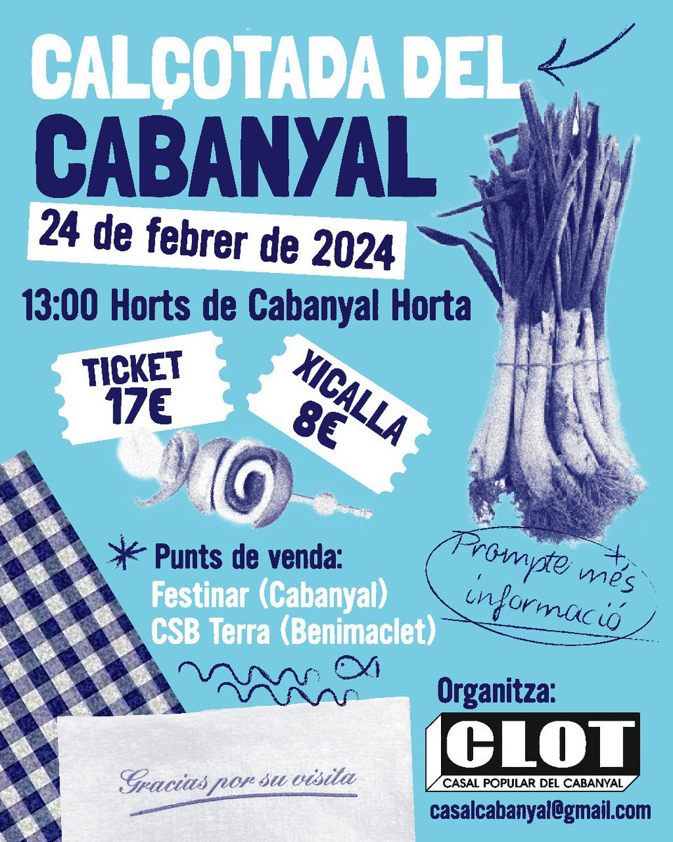 💥CALÇOTADA DEL CABANYAL!
🗓️Guarda a l'agenda el dissabte 24 de febrer.

👉Als horts de @CabanyalHorta 
✊Beneficis per al Clot!

🎟️En breus, tiquets a la venda al <a href="/CS_Terra/">Centre Social Terra</a> i al Festinar del Cabanyal. No us encanteu, que hi haurà pocs i van a volar!