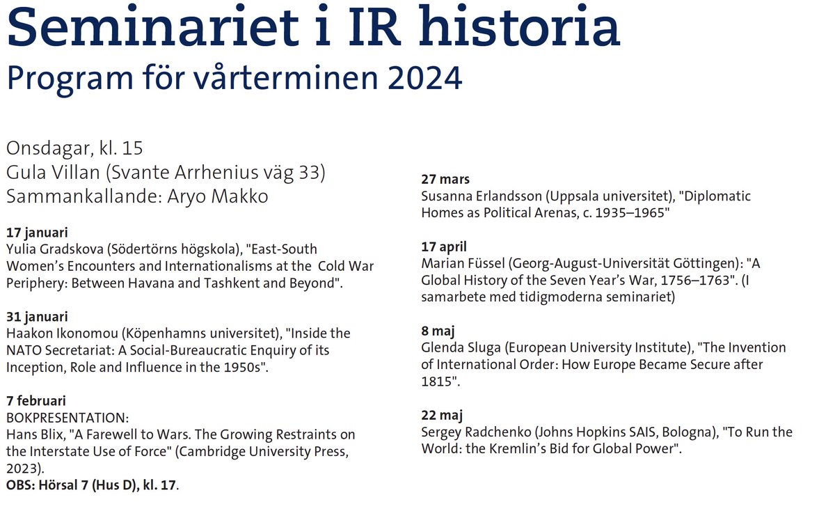Looking forward to joining the spring semester "IR History Seminar Series", Hans Blix Centre on 31 Jan. <a href="/Stockholm_Uni/">Stockholm University</a> 

I will be presenting: "Inside the NATO Secretariat: A social-bureaucratic enquiry of its inception, role and influence in the 1950s" (Supported by <a href="/DFF_raad/">DK Frie Forsk.fond</a>)