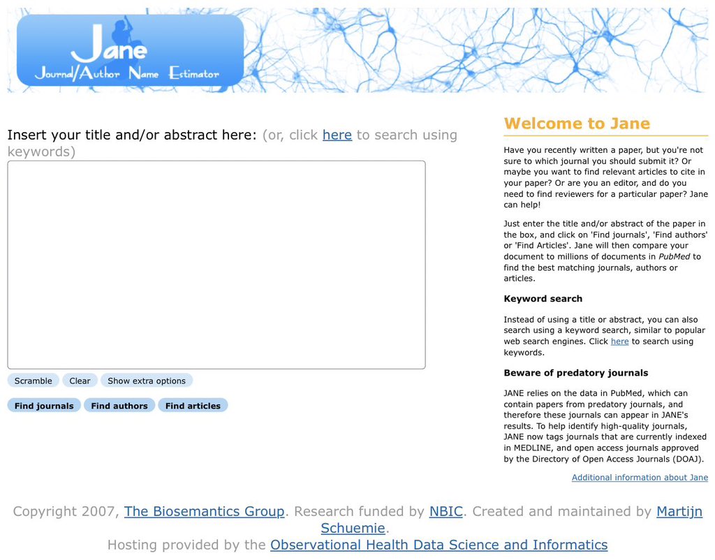 SaudiAcademics's tweet image. 📝| موقع مفيد للحصول على مجلات علمية مناسبة للنشر، ضع ملخص بحثك وتظهر لك مجلات علمية تنشر أبحاث مشابهة لبحثك. jane.biosemantics.org