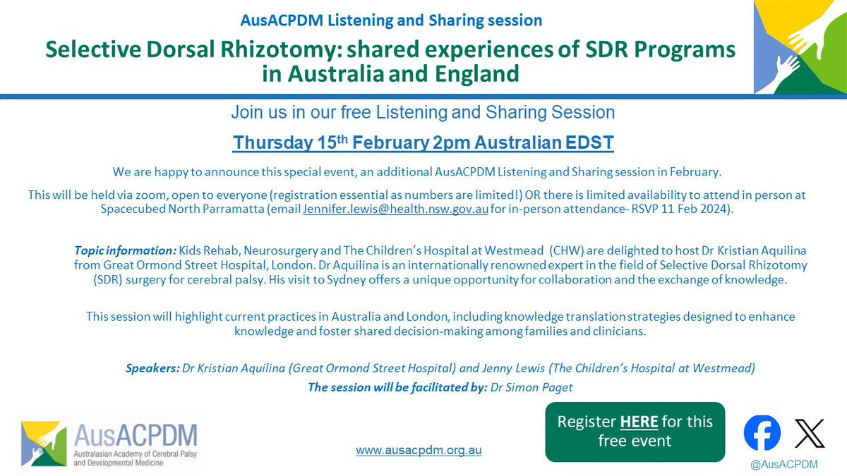 Selective Dorsal Rhizotomy: shared experiences of SDR Programs in Australia & England Join us - Thurs 15th Feb 2pm AEDST - for a special zoom & in-person Listening & sharing session! Register us02web.zoom.us/.../tZcqd... Visit our website to find out about how to attend in person