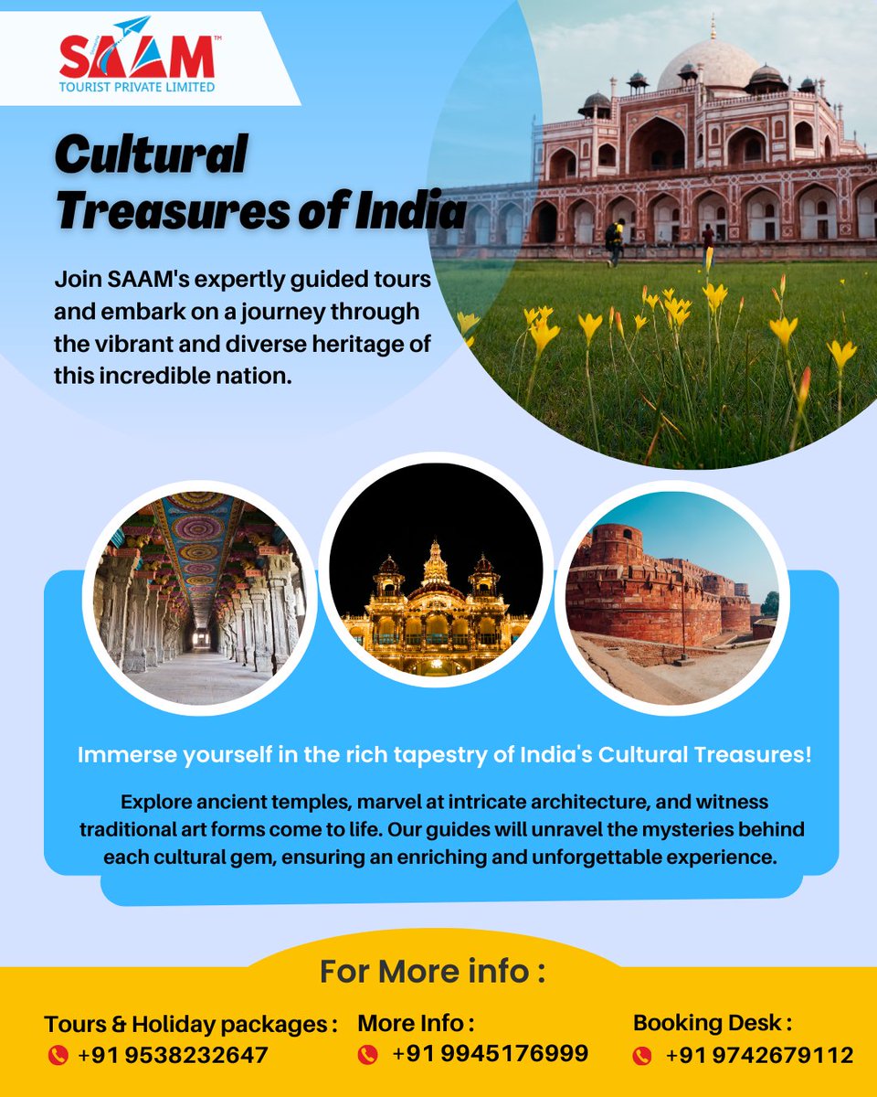 Immerse yourself in the rich tapestry of India's Cultural Treasures! Embrace the magic of India's Heritage with SAAM. Book your cultural adventure today! #IndianHeritage #ExploreIndia #Heritagetravel #HeritageTours #SmartTravel #CulturalTours #TravelExcellence #IncredibleIndia
