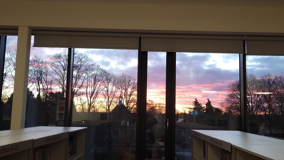 One positive of this bracingly cold weather are the glorious sunrises I have been met with when arriving at the library in the morning this week #viewfromthelibrary #schoollibrarian #coldmornings #gratitude