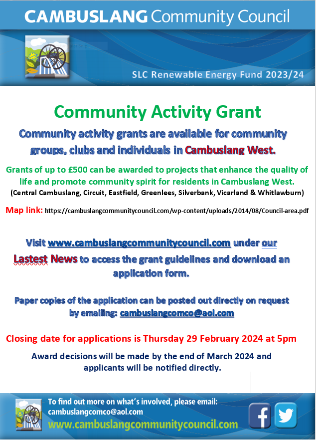 CambuslangCC's tweet photo. Do you want to improve quality of life in Cambuslang West? Our Community Activity Grant Scheme 2024 is now open for applications for grants of up to £500.  Deadline is 29 Feb. Application forms and guidance are on our website at https://t.co/sf9iSCLKXK https://t.co/9UIPxB9ivK
