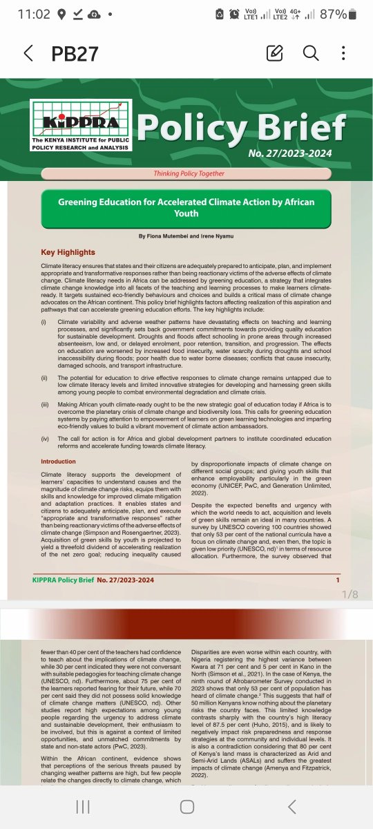 PolicyinKenya's tweet photo. In collaboration with @KIPPRAKENYA, we are pleased to have our member, Fiona's study published on the KIPPRA Policy Brief. Entitled 'Greening Education for Accelerated Climate Action by African Youth'. #ClimateAction #climatefinance #climatechange https://t.co/hNeHPUv927