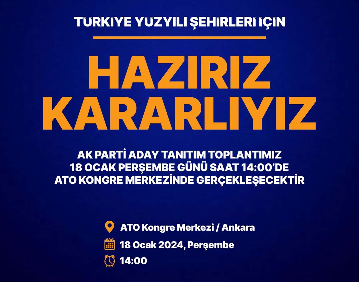 Genel Başkanımız ve Cumhurbaşkanımız Sn. <a href="/RTErdogan/">Recep Tayyip Erdoğan</a>’ın teşrifleriyle gerçekleşecek olan AK Parti Aday Tanıtım Toplantımız, bugün saat 14.00'te ATO Congresium’da yapılacaktır.

📍Ankara / ATO Congresium
🗓️ 18 Ocak Perşembe
⏰ 14:00

#Akparti