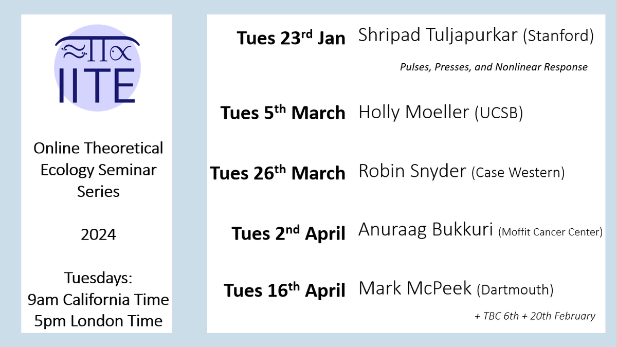 iite_info's tweet photo. 📢 Our online seminar will soon be back! We have another exciting lineup of speakers from across Theoretical Ecology, to which all are welcome.

For further details and updates: https://t.co/ghTXPoLHBx 

Free and open to all - get the dates in your calendars and see you there! https://t.co/ZsKM5Qmd84