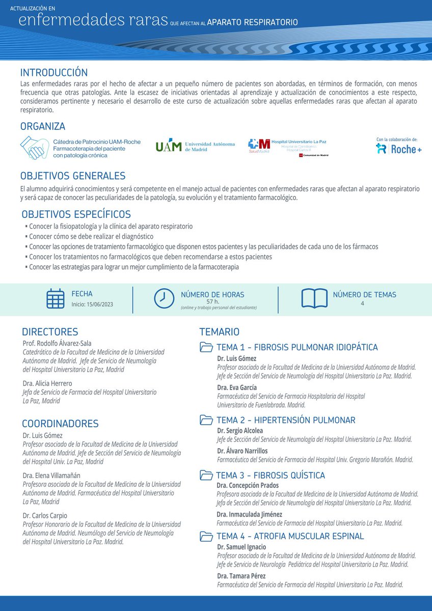 ‼️Os animamos a participar en la 1ª edición del Curso de Actualización en #EnfermedadesRaras que afectan al Aparato Respiratorio 🫁 👉🏼 Inscripciones: formacion.esmconsulting.es/catedra-uam/ 👉🏼Participan: @UAM_Madrid @PazNeumologia 👇🏼 Programa del curso