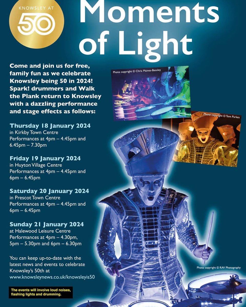 ✨🥁MOMENTS OF LIGHT 🥁✨

This Saturday 20th January in Prescot Town Centre  

Spark! - International Street Theatre a live music, movement and lighting spectacular

Performances at 4pm and 6pm 🥁🥁