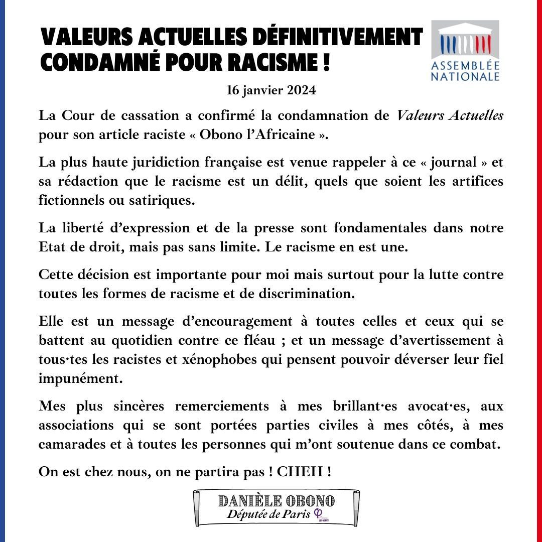 #ValeursActuelles a été définitivement condamné pour injure raciste contre Danièle #Obono
La Cour de cassation confirme le caractère xénophobe du 'roman d’été' publié en 2020 et qui mettait en scène la députée insoumise de Paris en esclave.
Merci à @KevLvc
t.me/LaVeriteCensur…