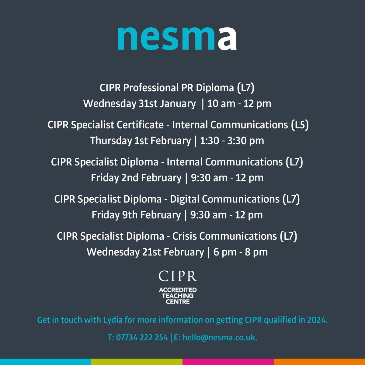 If you want to get started on your next <a href="/CIPR_Global/">Chartered Institute of Public Relations</a> qualification, here are our upcoming start dates!

Our virtual teaching sessions mean you can join us from anywhere; you will be part of a community of learners spread over 27 countries across three continents.