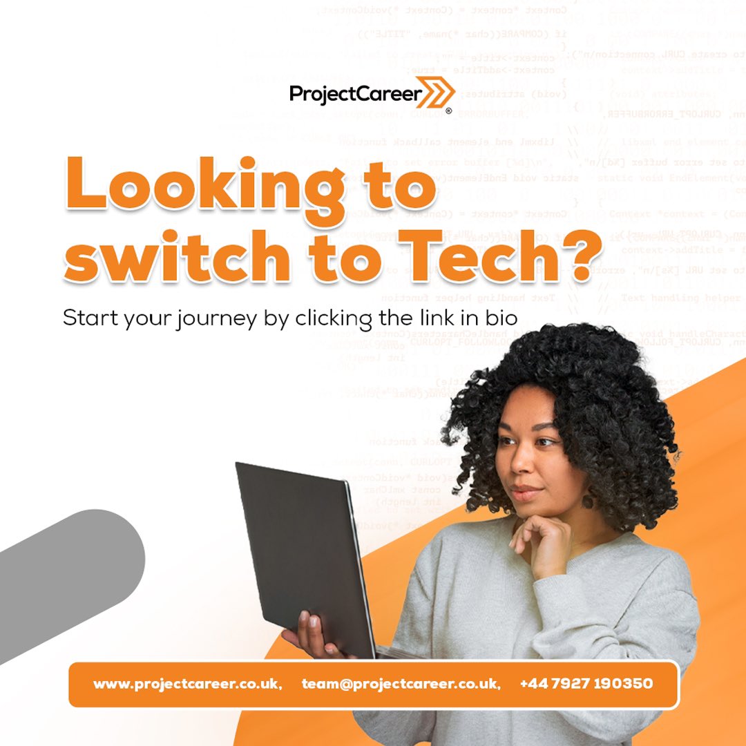 ProjectCareerUK's tweet image. Embark on your tech journey with ProjectCareer. 

Does your goals for the year include switching to a career in tech? ProjectCareer is here to show you the ropes. Click the link in bio to kickstart your transition to a career in tech.

#TechTransition #ProjectCareer #techcareers