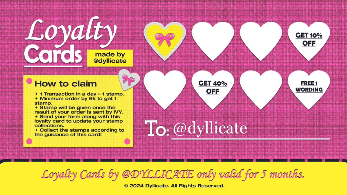 Ivy can help you @DYLLICATE ! ᡣ𐭩 The wordings are made for you with no grammatical errors, feel free to request anything. Get the special rewards by collecting Loyalty Cards! Open in rush, bulk, &amp; bundle.  ⭐️

「 IV. #zonauang 」