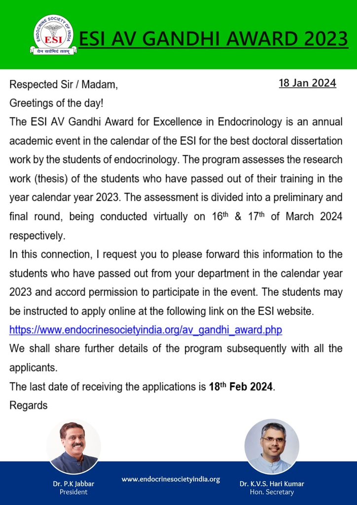 Endocrine Society of India invites applications for ESI AV GANDHI AWARD 2023