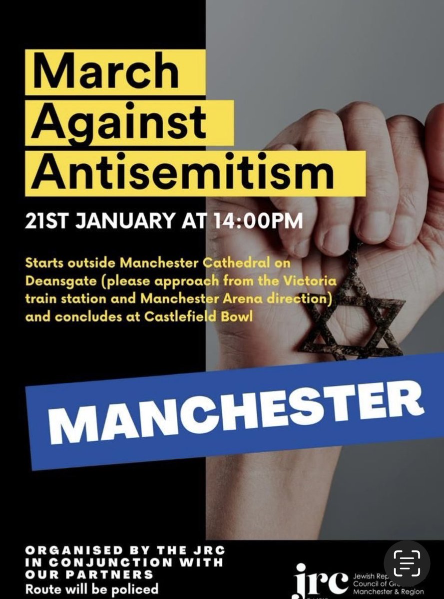 Please join us this Sunday, January 21 at 2pm outside Manchester Cathedral as we come together to March Against Antisemitism.
#EnoughIsEnough
#StopAntisemitism
#MarchAgainstAntisemitism