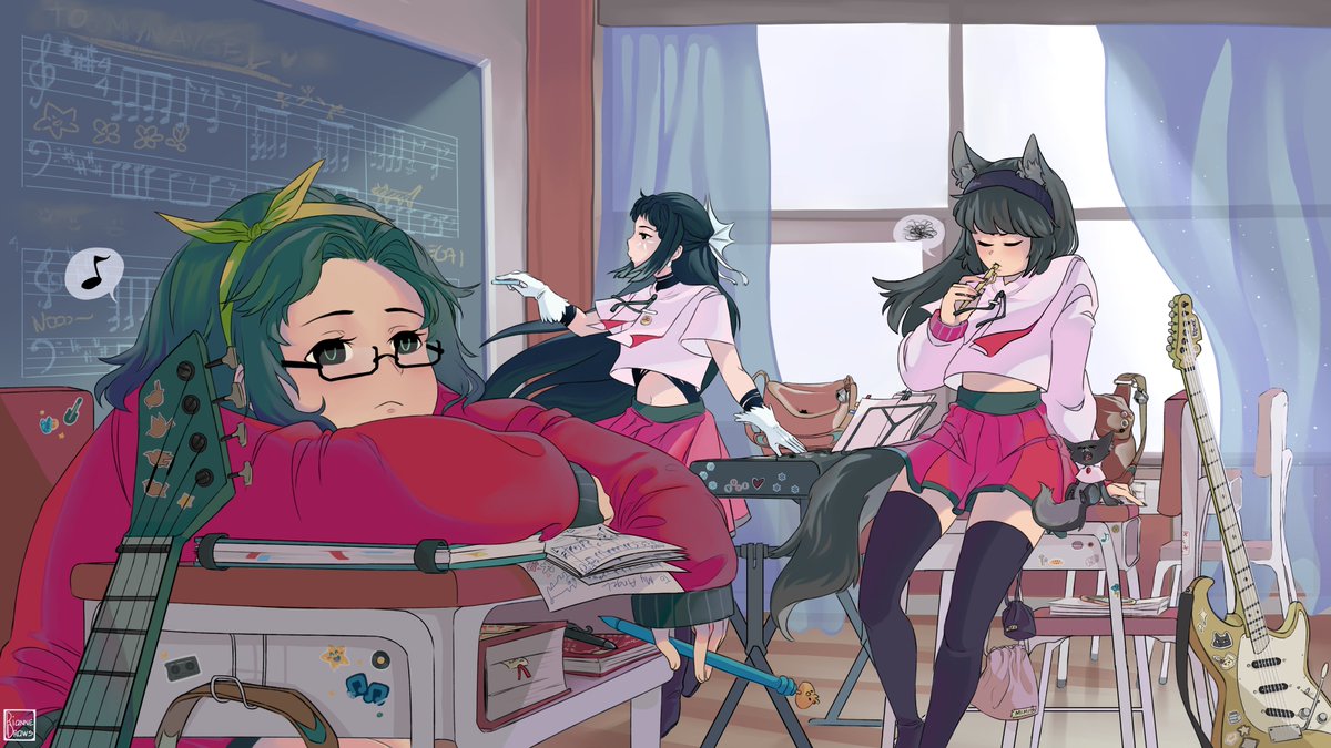 RianneDraws's tweet photo. Girl Band 🎸🎹🎵
.
These 3 have been one of my oldest OCs since childhood. I love them to death~
Wow, so it's been a year since the first illustration lol. I hope y'all had a good year though! https://t.co/mPF0uW8mtR