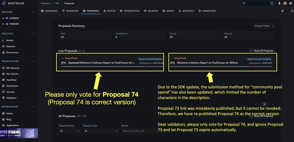 Due to SDK update, the submission method for community pool spend has also been updated. ✅Proposal 74 is the correct version. Please only vote for Proposal 74 (mintscan.io/iris/proposals…). 😢Proposal 73 was mistakenly published, but it cannot be revoked. Plz ignore Proposal 73.