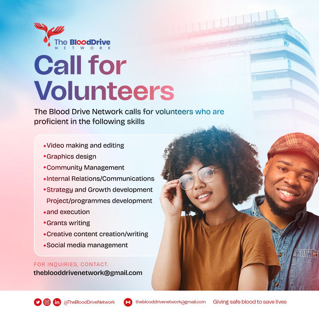 TBDN ❤️ 🩸 CALL FOR VOLUNTEERS 🔊🔊🔊

The BloodDrive Network (TBDN) uses this opportunity to make a call for the above volunteer positions available in the organizational team for the 2024 executive year. 

 Qualifications:

📍 Willing to commit at least 5 hours per week to TBDN