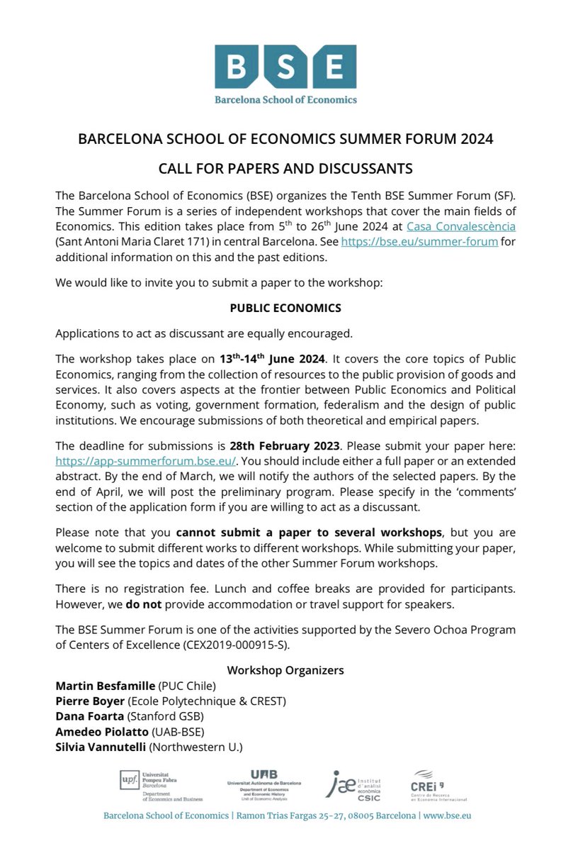 silviavannutell's tweet photo. We are doing it again!! Submit our work for our public economics meeting at the summer forum in Barcelona (June 13-14) https://t.co/JNLfOqebys We welcome theory and empirics and have a very broad definition of public econ. Phd students: this is a great excuse to draft your JMP! https://t.co/vDJgtjbvcG