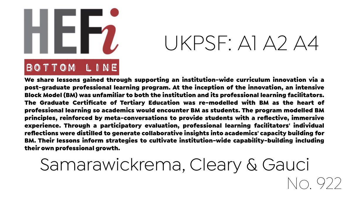 #BottomLine No. 922: Insights into professional learning for intensive Block Model: Lessons from a participatory evaluation for capacity building Gayani Samarawickrema Kaye Cleary Sally Gauci ro.uow.edu.au/cgi/viewconten…