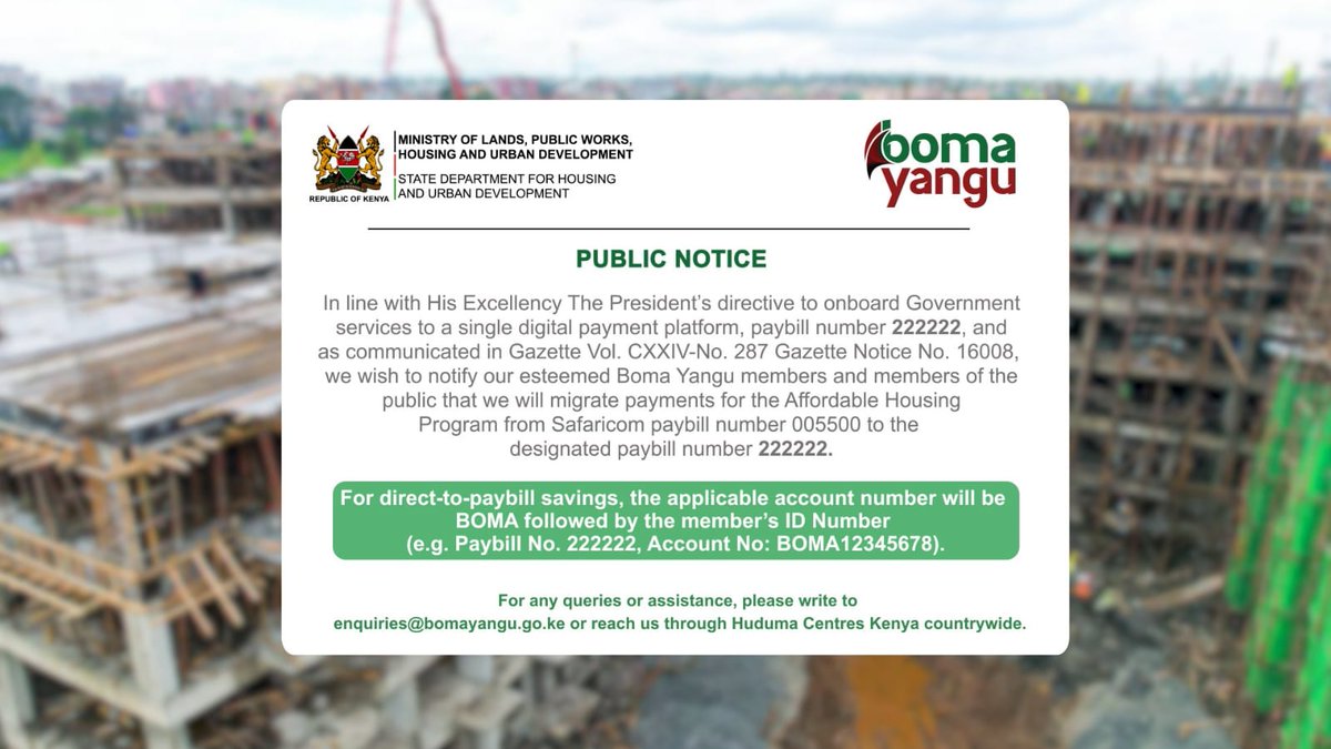 slandelflaked's tweet photo. NOTE: The paybill of Boma Yangu affordable housing scheme is 222222 followed by account number which is BOMA followed by your id number
i.e paybill 222222
      Account no: BOMA12345678

Avoid fraudsters

#AffordableHousingBill2023 https://t.co/99mYGmgODW