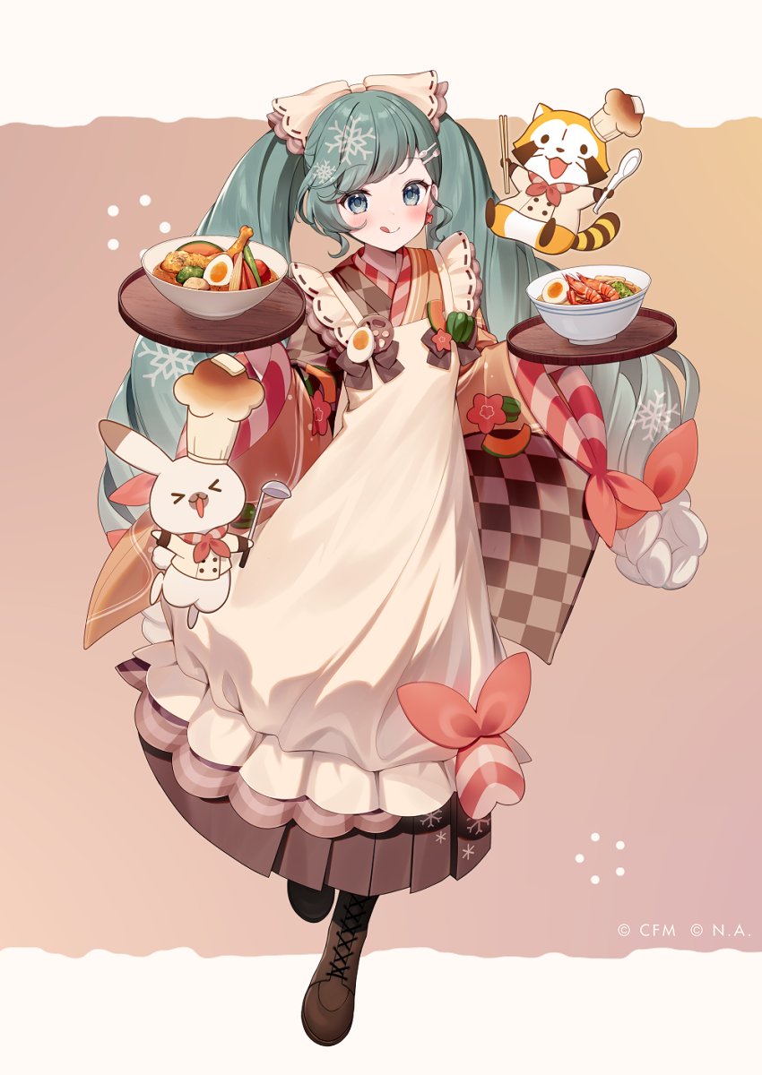 hatsune miku ,rabbit yukine ,yuki miku 1girl apron food holding boots hair ornament japanese clothes  illustration images