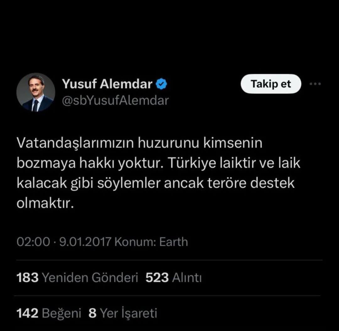 Türkiye Laiktir, Laik kalacak!
Eylemimizden sonra yaptığın paylaşımı unutmadık.
Bugün olmazsa, yarın!
Hesap vereceksin. 
<a href="/sbYusufAlemdar/">Yusuf Alemdar</a>