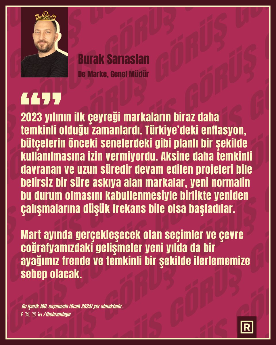 thebrandage's tweet photo. GÖRÜŞ | Burak Sarıaslan

“Mart ayında gerçekleşecek olan seçimler ve çevre coğrafyamızdaki gelişmeler yeni yılda da bir ayağımız frende ve temkinli bir şekilde ilerlememize sebep olacak.”

https://t.co/UyZEiBuliw https://t.co/EIUqTpaGms