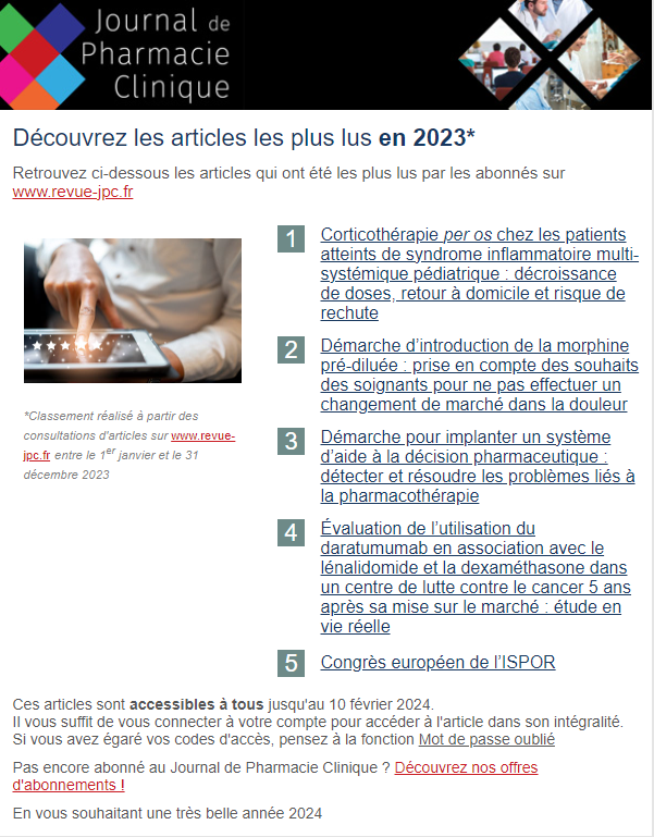 📍 Découvrez le top 5 🏆 des articles les plus lus en 2023👉 bit.ly/3U5G6qe

Ces articles sont accessibles 🎁 jusqu'au 10 Février 2024.
Bonne lecture ! 💡

#JPC #pharmacieclinique