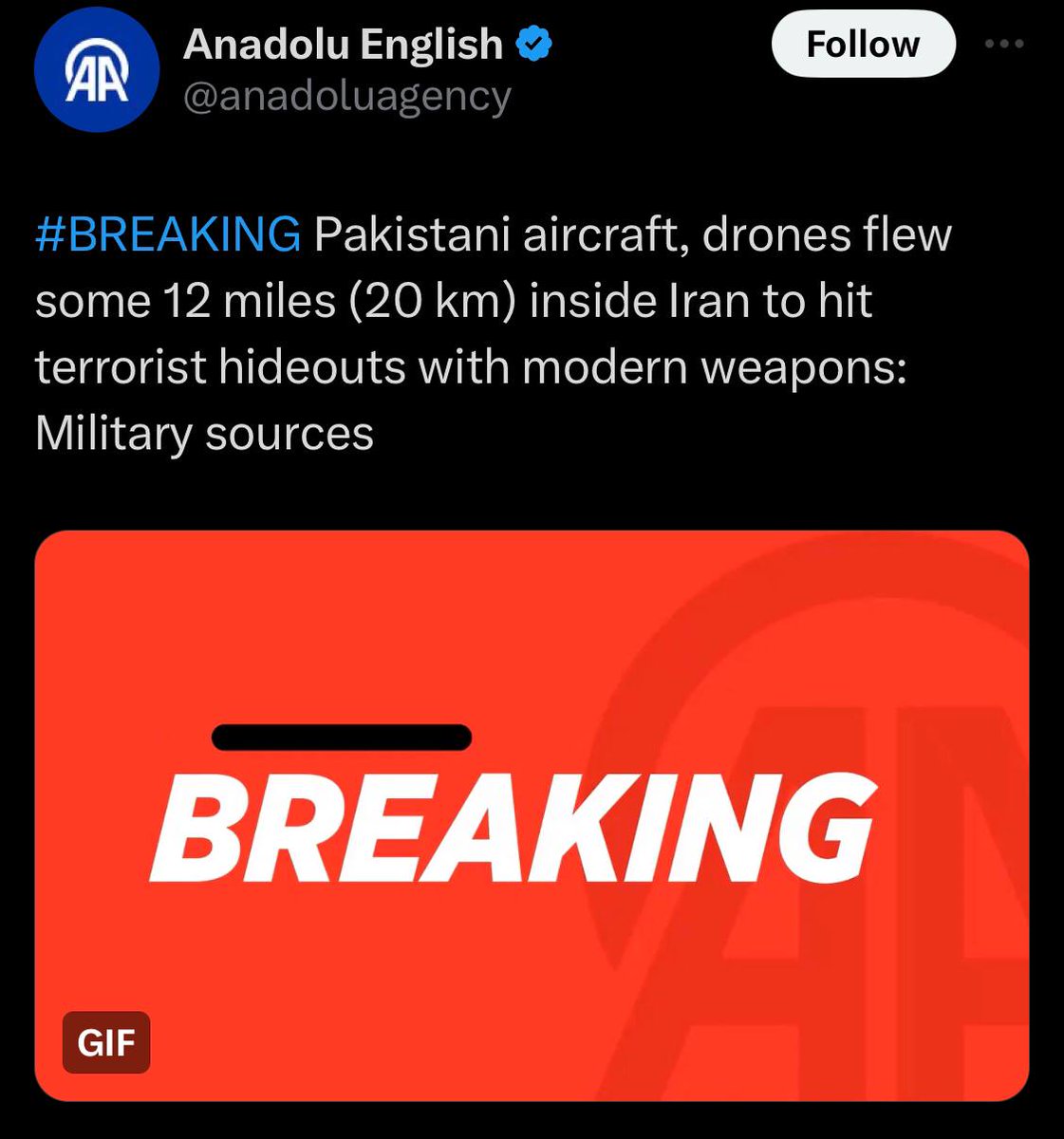 خبرگزاری آناتولی #ترکیه با هدف تحریک ایران و #پاکستان به درگیری بیشتر به دروغ ادعا کرد جنگنده های ارتش پاکستان ۲۰ کیلومتر وارد آسمان ایران شده اند تا شش هدف را در استان سیستان بمباران کنند! ترکیه نوکر اسراییل و انگلیس سالهاست برای جذب پاکستان و تضعیف نفوذ ایران در منطقه در تلاشه!