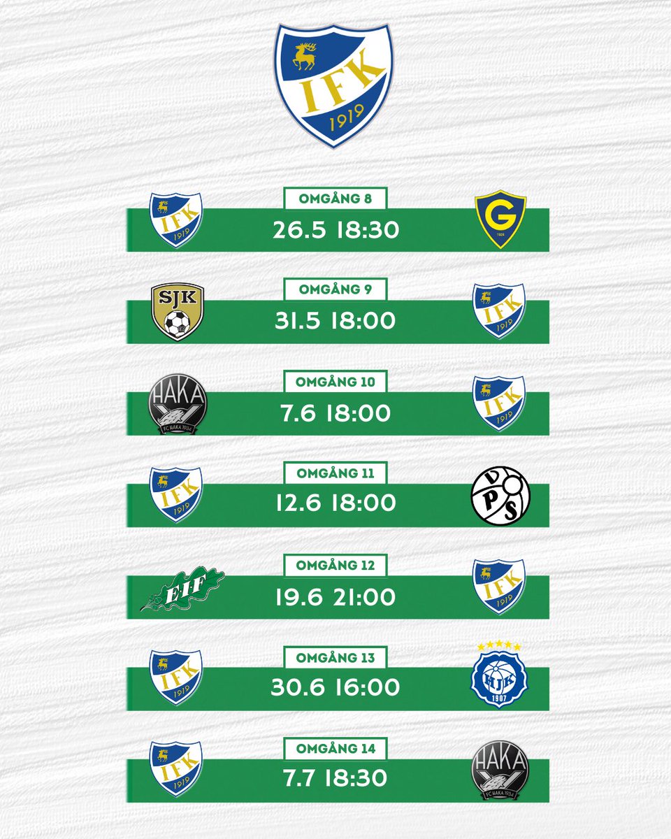 IFKMariehamn's tweet photo. 🗓️ Spelschemat 2024 🤩

Vi inleder årets ligasäsong på hemmaplan mot nykomlingarna Ekenäs IF, den 6.4 kl. 17:00. 
Vi ses på Wiklöf Holding Arena! 💚🤍

#IFK1919 #Veikkausliiga https://t.co/vdCuygGF4m