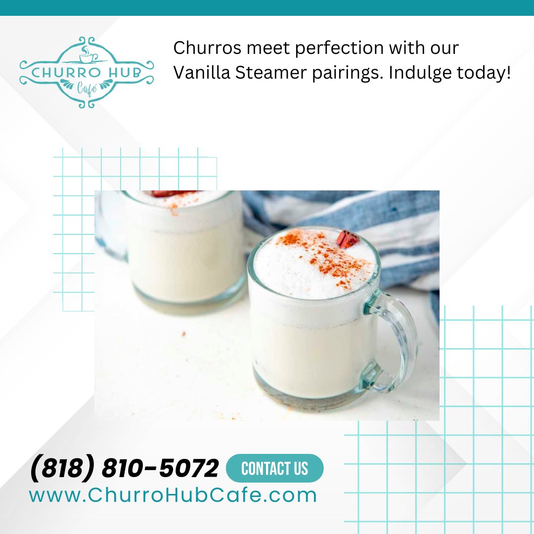 Pair your churros with our Vanilla Steamer at Churro Hub Cafe in Arleta, CA—a comforting blend of flavors. Join us for an unforgettable experience! Call (818) 810-5072. #ChurroJoy #SipSavorEnjoy