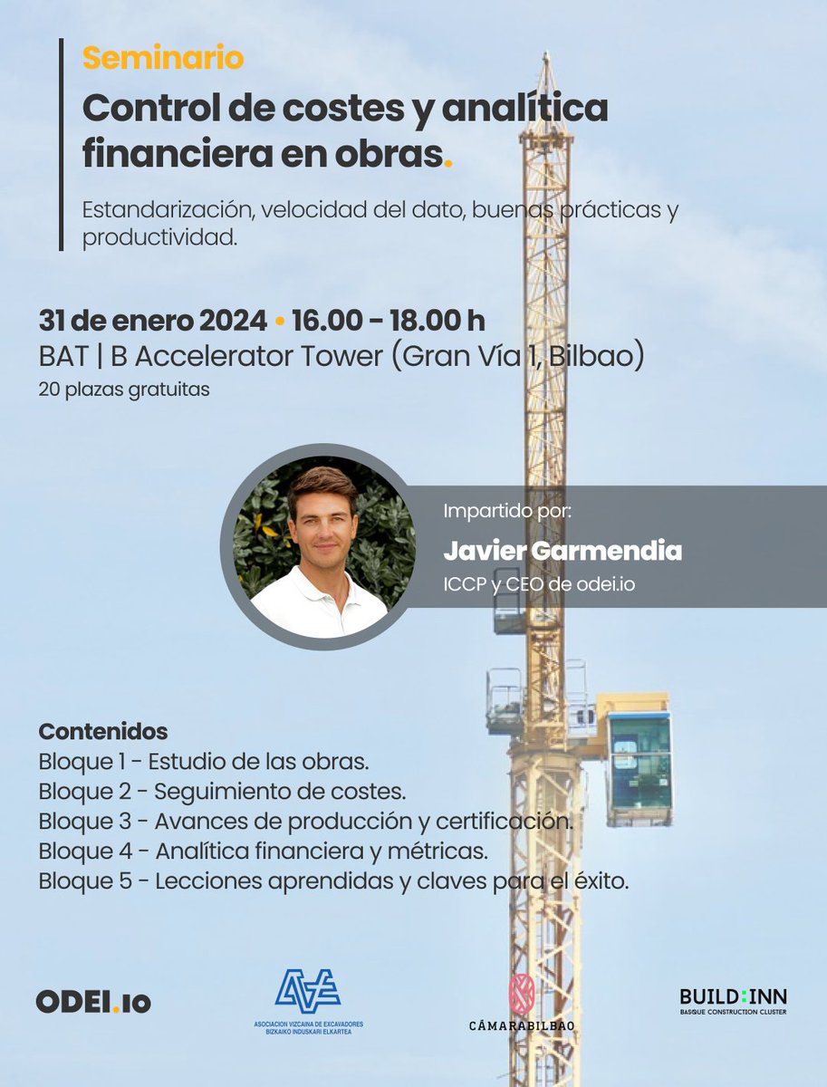 BuildinnCluster's tweet photo. 🗣 Hoy tendrá lugar el Seminario "Control de costes y analítica financiera en obras" impartido por Javier Garmendia, CEO de https://t.co/6EDEUzzxKP y socio de BUILD:INN, Basque Construction Cluster
#BUILDINN #WeareBUILDINN #EmpresaSocia #Seminario https://t.co/zfCUHKZRMU