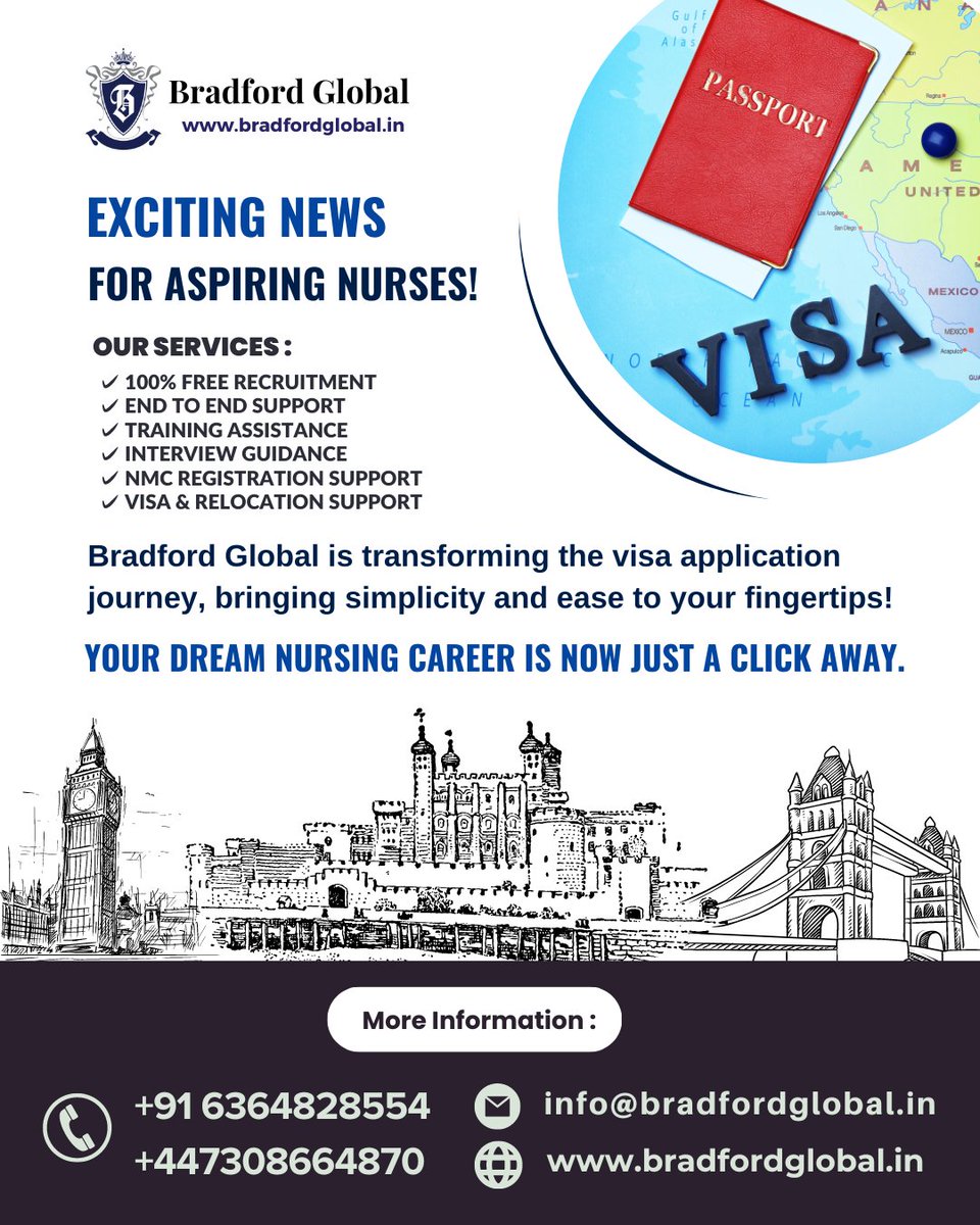 Exciting News for Aspiring Nurses! Your dream nursing career is now just a click away. #VisaSimplified #BradfordGlobal #NursingDreams #CareerTransformation #ProfessionalSuccess #InternationalCareer #NurseLife #CareerGrowth