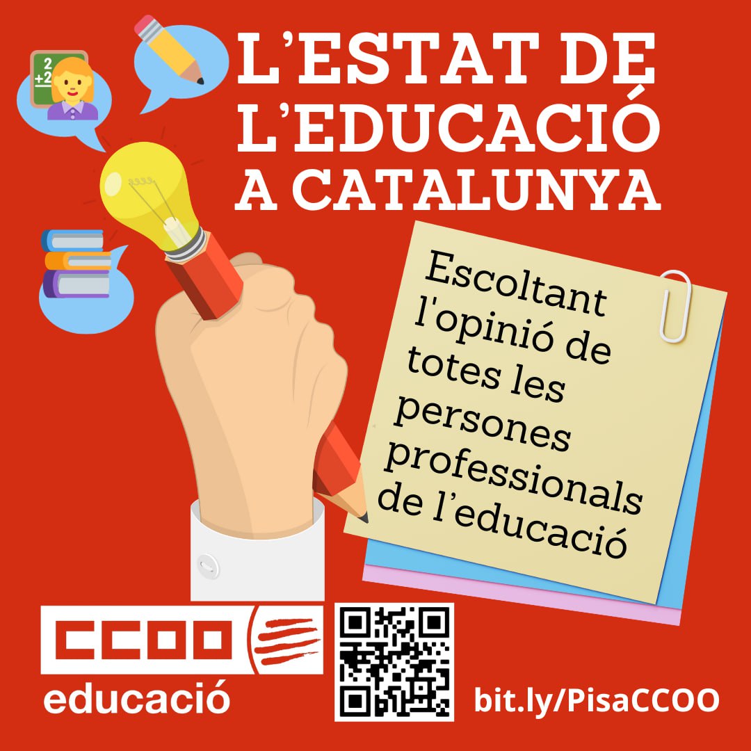 CCOOeducacio's tweet photo. Encara tens 24h per contestar l'enquesta‼️

🙋🏾‍♀️ Volem posar en comú les causes i les solucions als problemes detectats a l’informe PISA

🙋🏾‍♀️ Volem la visió dels i les professionals de tots els sectors de l'educació

🙋🏾‍♀️ Opina ara: https://t.co/NrV2EdVXZk

📲 I passa-ho al claustre! https://t.co/QluiaHB9mL