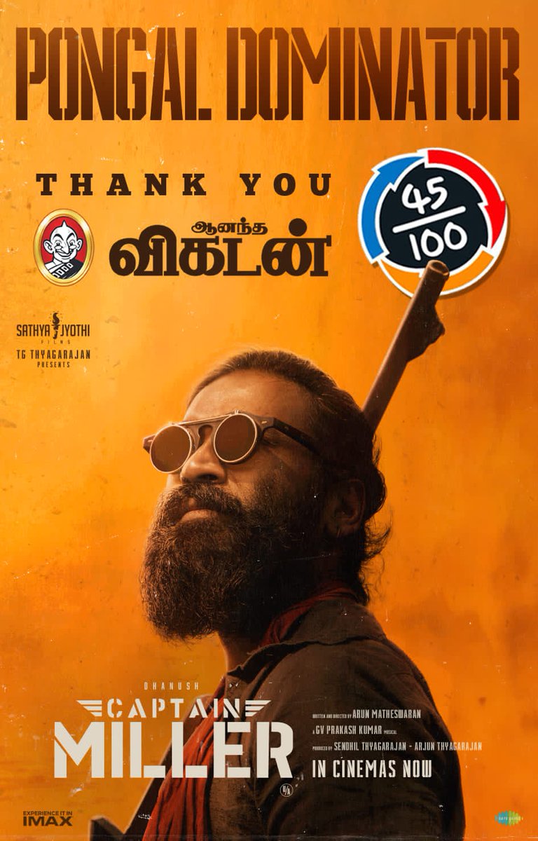 #CaptainMiller Rocking in our BOX-OFFICE Thank you @vikatan for recognition 45/100 👌🤙