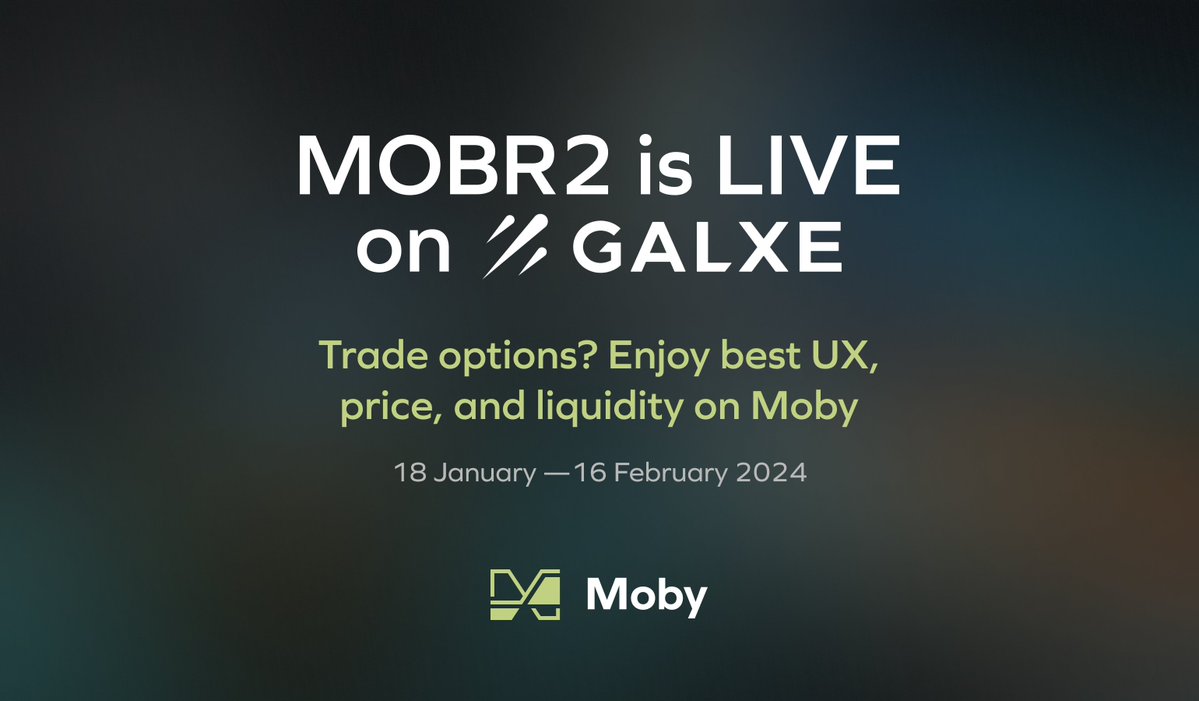 Moby_trade's tweet photo. MOBR2 is LIVE!🎉

Come join us in this event to win an MOBR2 NFT with exclusive rewards and try out our SLE (Synchronized Liquidity Engine) on-chain options protocol with the narrowest spread in the market; real-time accurate pricing; and abundant liquidity!

Thanks for @Arbitrum  🧡💙

⏰Wen — 9AM UTC, 18 January, 2024 - 16 February, 2024

📌Where — Moby @Galxe 
https://t.co/iBwWTDCo37

🤔How — Complete weekly tasks on Moby Galxe! There may be surprise events and rewards, so make sure to follow / join our Medium, Twitter, and Discord 

🏆Reward? — Participants who complete ALL tasks on MOBR2 will be rewarded with MOBR2 #NFT, which will unlock EXCLUSIVE REWARDS

⚠️ Remember — the more event NFTs you possess, the more later events you participate, the more your rewards will be!

https://t.co/FZeE1rJzEm
