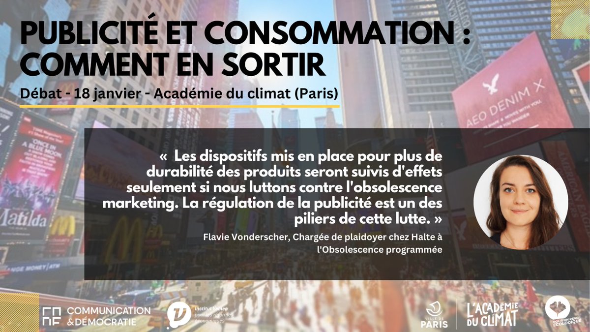📅C'est soir... et on vous invite vraiment à braver la ❄️☃️🌨️ pour venir écouter cette table ronde de choc sur la #pub et la #transition écologique
📍18h30 à <a href="/AcademieClimat/">Académie du Climat</a> 
👉veblen-institute.org/PUBLICITE-ET-S…