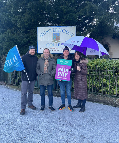 INTO_NI's tweet photo. INTO Northern Committee Chair, Caoimhin MacColaim, showing his support on the picket line this morning outside Hunterhouse College, Belfast. https://t.co/xqPIHqfTlI