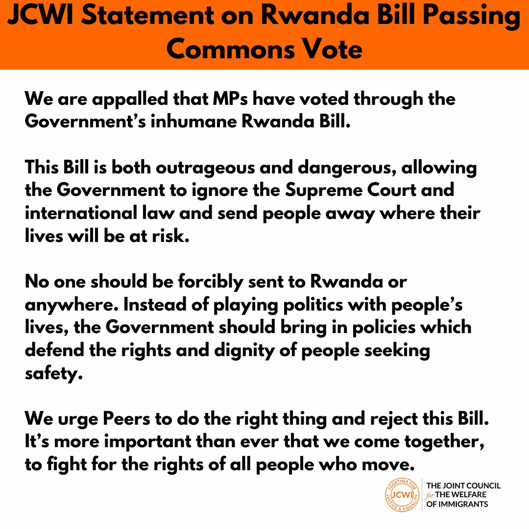 Last night, MPs voted to put lives at risk by pushing through the Rwanda Bill, in a desperate attempt to bypass the Supreme Court that ruled against this cruel plan. Read our statement below on why the Rwanda Plan needs to be scrapped now.👇🏽