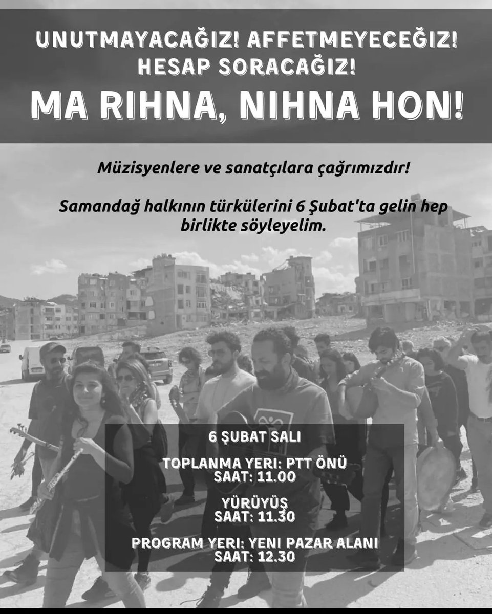 Samandagafet's tweet photo. 6 Şubat  depremin 1. Yılında kaybettiğimiz insanları anmak ve bizi yanlız bırakanlara karşı #UnutmayacağızAffetmeyeceğiz demek için beraber toplanalım.
#UnutmaHesapSor
Unutmayacağız, Affetmeyeceğiz, Hesap soracağız.

#deprem #hatay #samandağ  #anma https://t.co/z3Kh6mEgdB